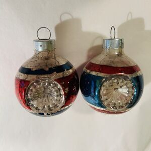 SET of 2 Vtg MCM Christmas Ornaments Mercury Glass 2” Double Indent Made In USA
